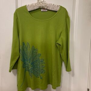 Quacker Factory Lime Green-Large-w/Green Blue Rhinestone Flower-3/4 Sleeve